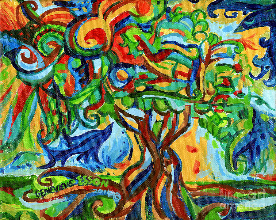 Nature Painting - Hairdoodle Tree With Birds by Genevieve Esson