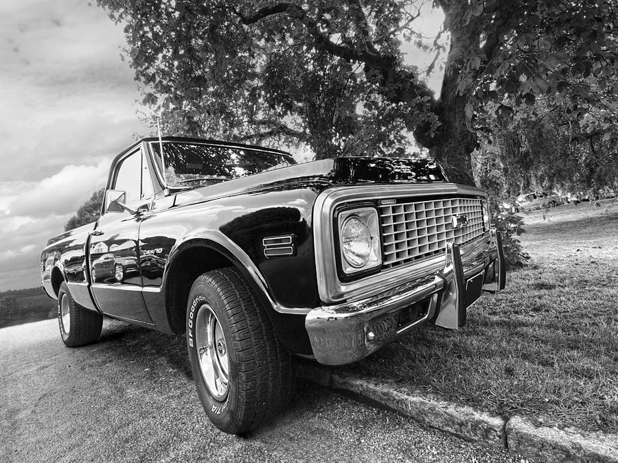 Chevrolet Truck Photograph - Halcyon Days - 1971 Chevy Pickup BW by Gill Billington