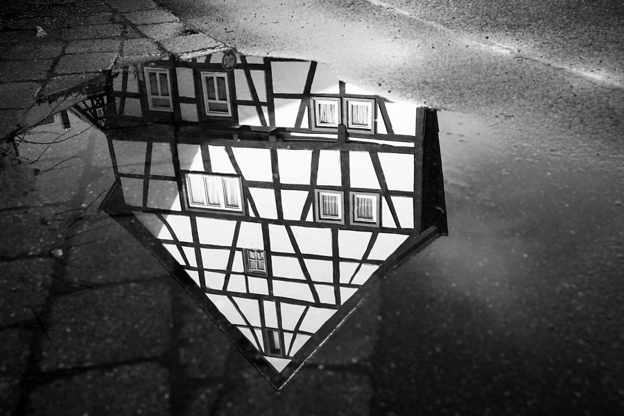 Half-timbered house water reflection black and white Photograph by Matthias Hauser