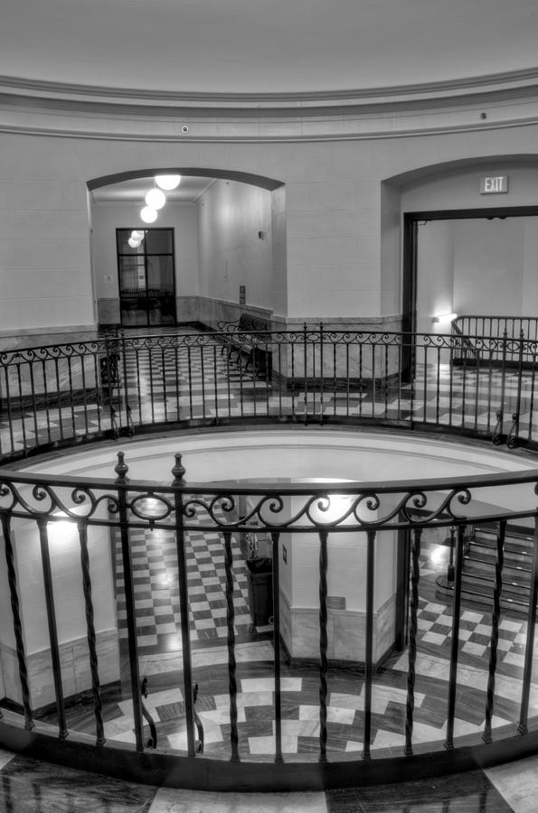 Black And White Photograph - Hall And Stairs in Black and White by Greg and Chrystal Mimbs