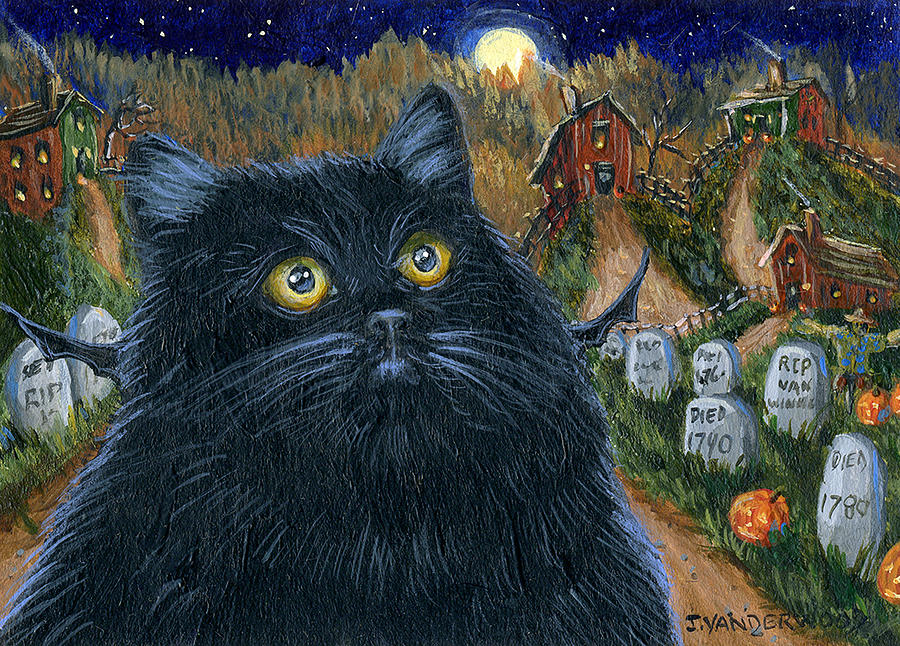 Halloween Bat Cat Painting by Jacquelin L Westerman