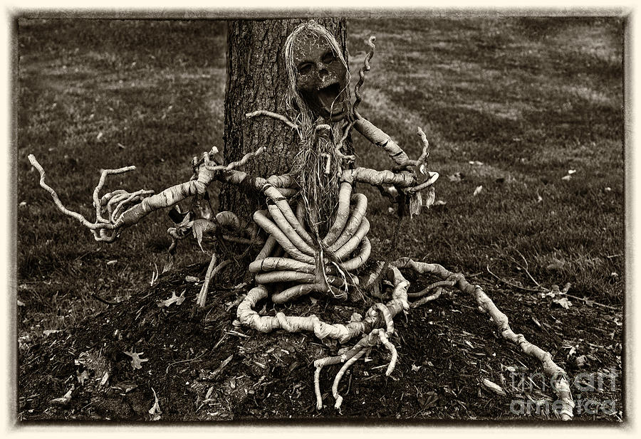 Black And White Photograph - Halloween Green Skeleton Black and White by Iris Richardson
