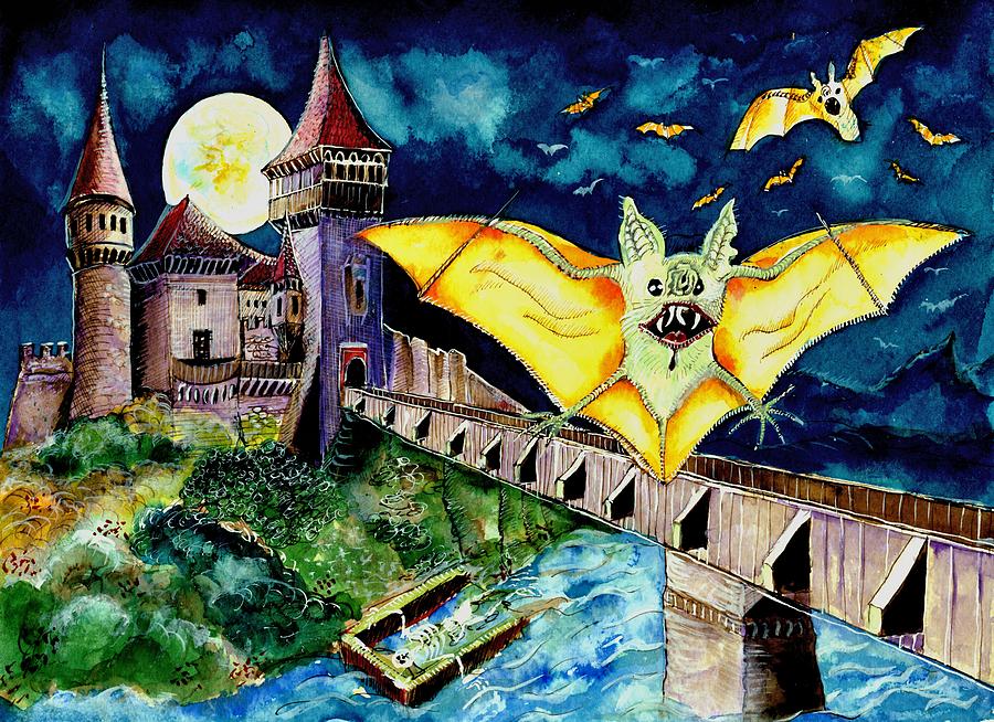 Halloween Landscape With Bats And Transylvanian Castle Painting