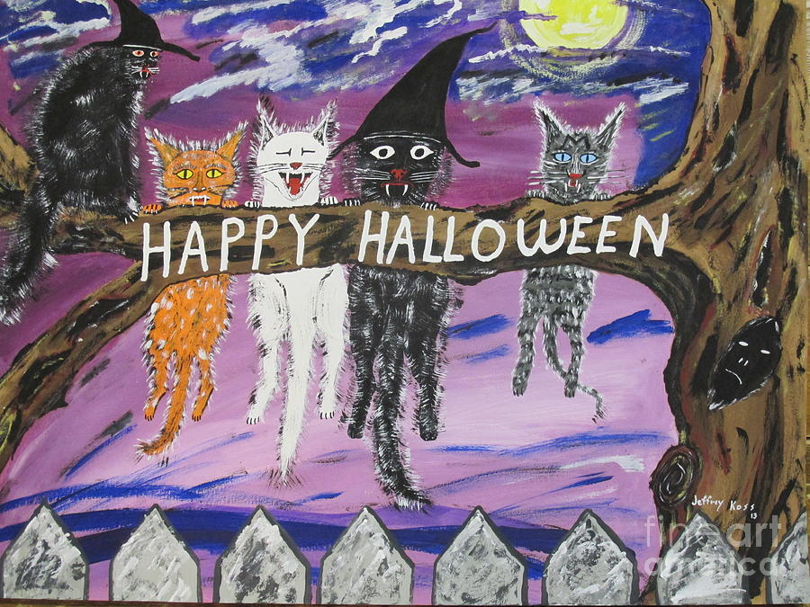 Halloween Scaredy Cats Painting Painting by Jeffrey Koss