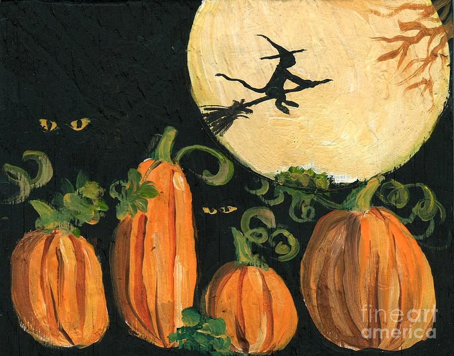 Pumpkins Painting - Halloween Witch Cat by Follow Themoonart