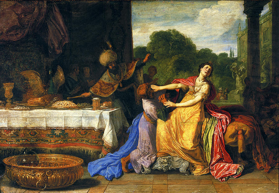 Haman begging Esther for mercy Painting by Pieter Lastman