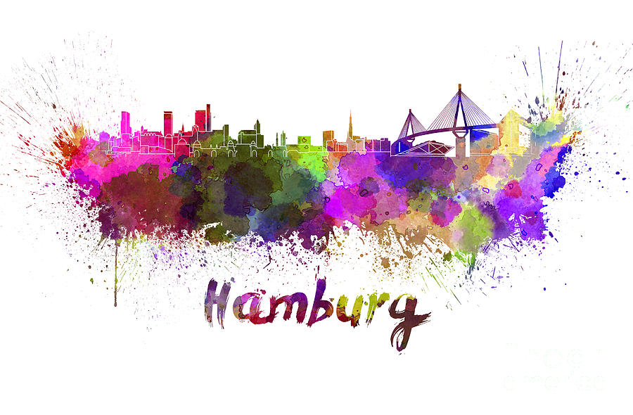 Hamburg Skyline In Watercolor Painting by Pablo Romero