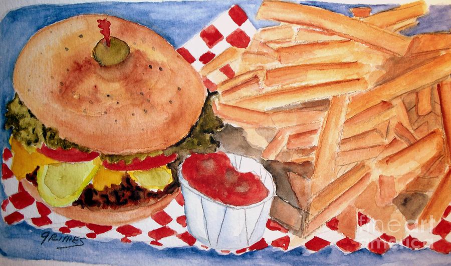 Hamburger Plate with Fries Painting by Carol Grimes