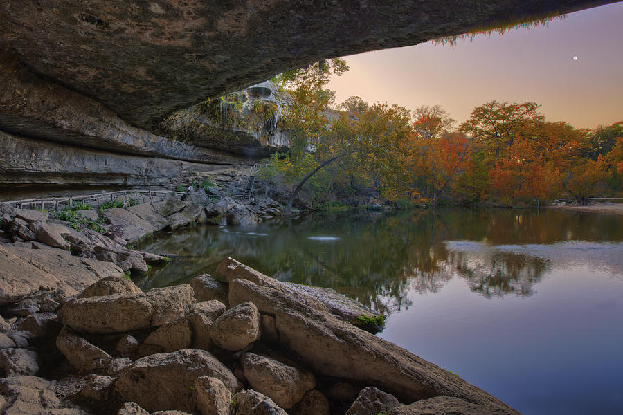 Texas Hill Country Images Photograph - Hamilton Pool Autumn Moonset in the Texas Hill Country by Rob Greebon