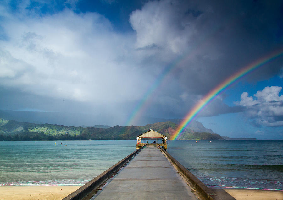 Pier Photograph - Hanalei Bay Pier and Double Rainbow by Roger Mullenhour