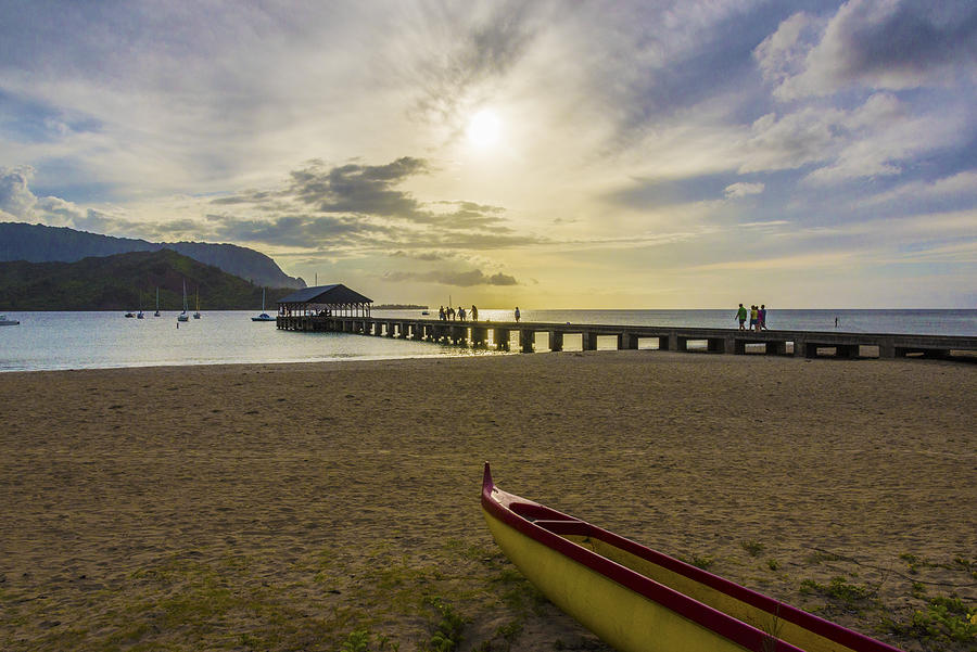 Hanalei Bay Pier Outrigger Canoe Sunset - Kauai Hawaii Photograph by Brian Harig