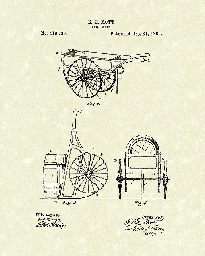 Hand Cart 1889 Patent Art Drawing by Prior Art Design