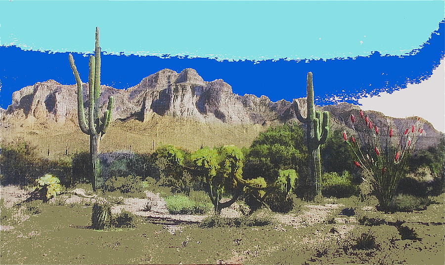 Hand colored photo Superstition Mountain Arizona post card no date-2013 Photograph by David Lee Guss