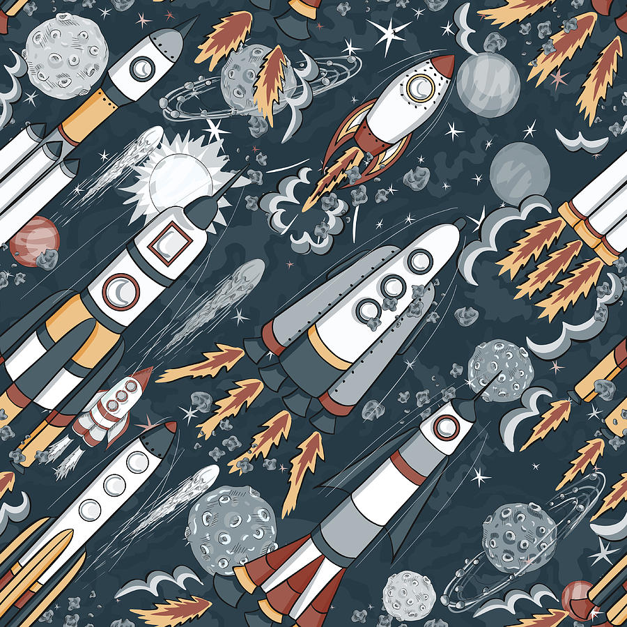 Hand Drawn Space Seamless Pattern. Kids Vector Background Drawing by Mishkina