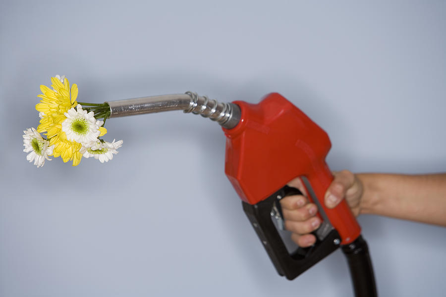 Hand holding gas pump filled with flowers Photograph by Comstock Images