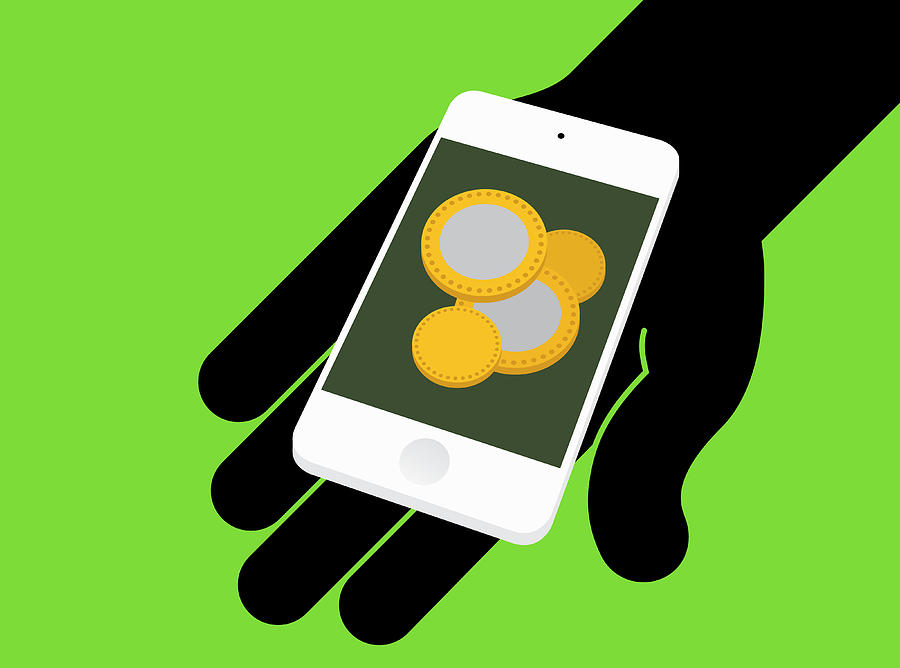 Hand Holding Smart Phone With Coins Photograph by Ikon Images - Fine ...