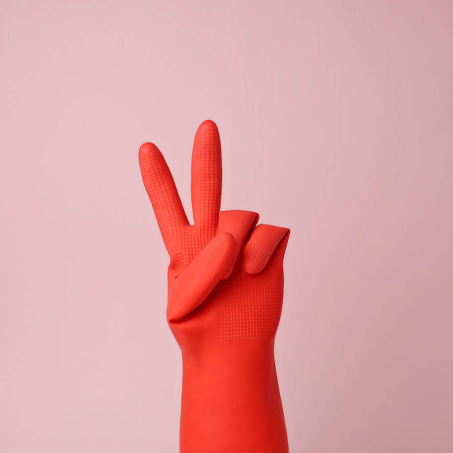 Hand In Red Rubber Glove Making Peace Photograph by Juj Winn