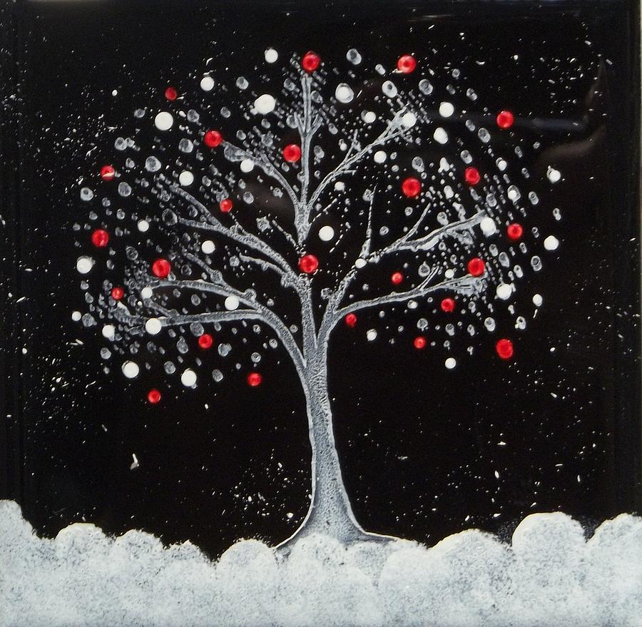 Winter Scene Ceramic Art - Hand Painted Ceramic Tile by Joyce Kerr