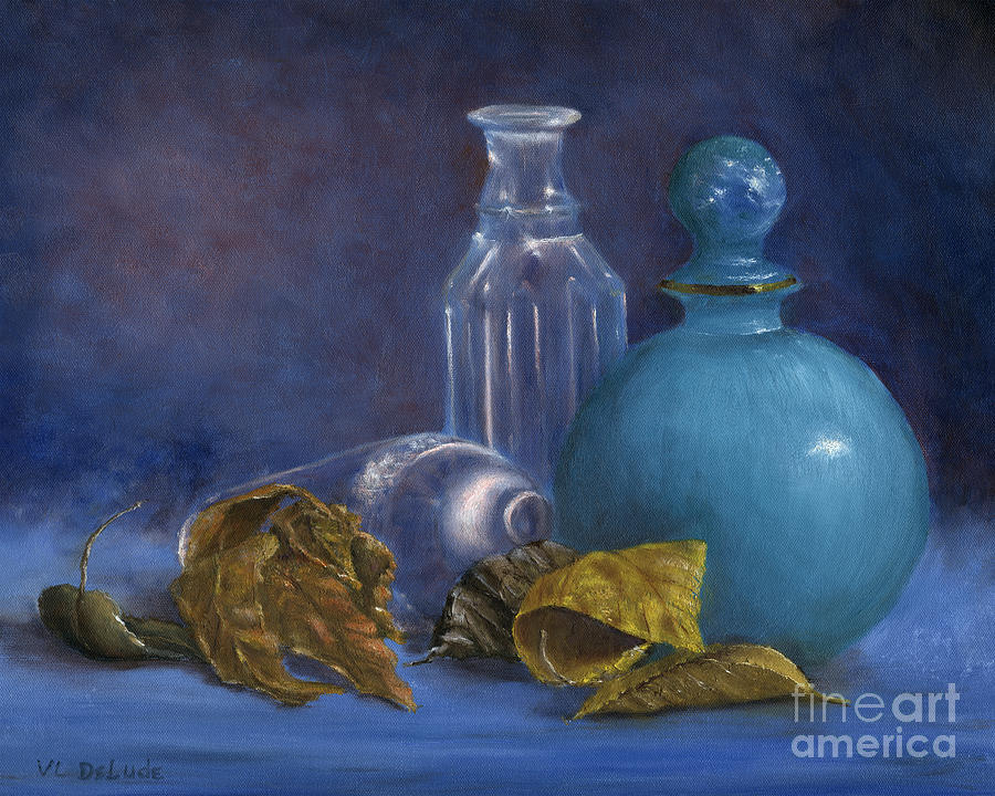 Hand Painted Still Life Bottles Leaves Painting by Lenora  De Lude