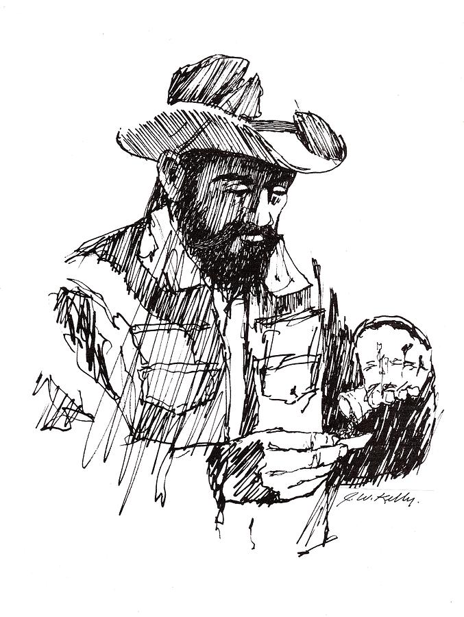 Sketch Drawing - Hand Rolling Cowboy by J W Kelly