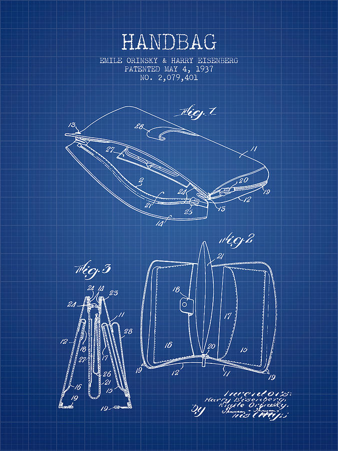Vintage Digital Art - Handbag patent from 1937 - Blueprint by Aged Pixel