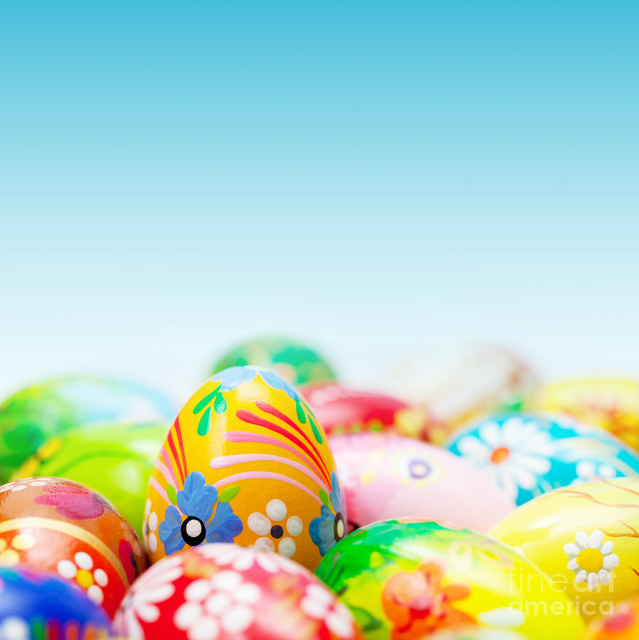 Easter Photograph - Handmade Easter eggs on blue sky by Michal Bednarek