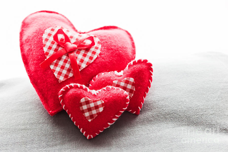 Vintage Photograph - Handmade plush red hearts on the soft pillow by Michal Bednarek