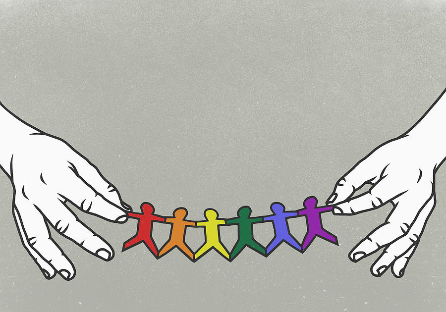 Hands holding LGBTQI rainbow paper chain Drawing by Malte Mueller