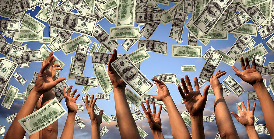 Hands Reaching To Falling Money Photograph by Imagedepotpro