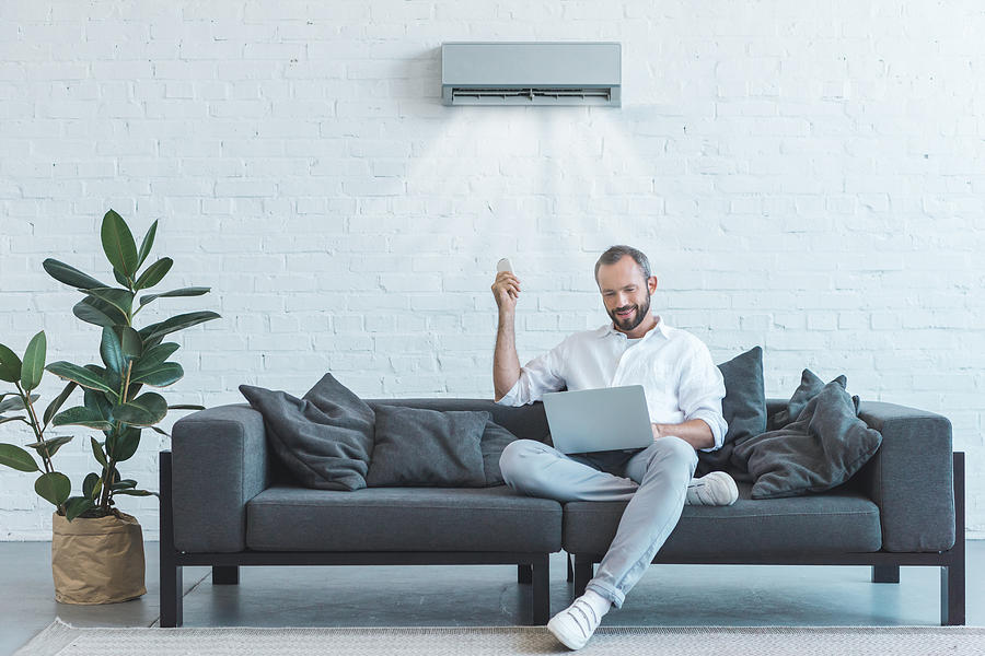Handsome Man Turning On Air Conditioner With Remote Control While Using Laptop On Sofa At Home Photograph by LightFieldStudios