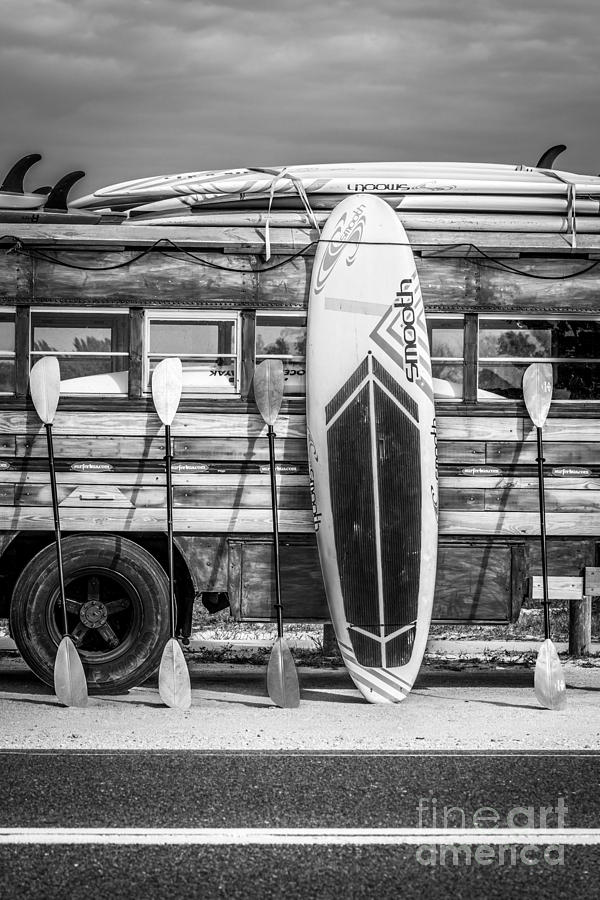 Black And White Photograph - Hang Ten - Vintage Woodie Surf Bus - Florida - Black and White by Ian Monk