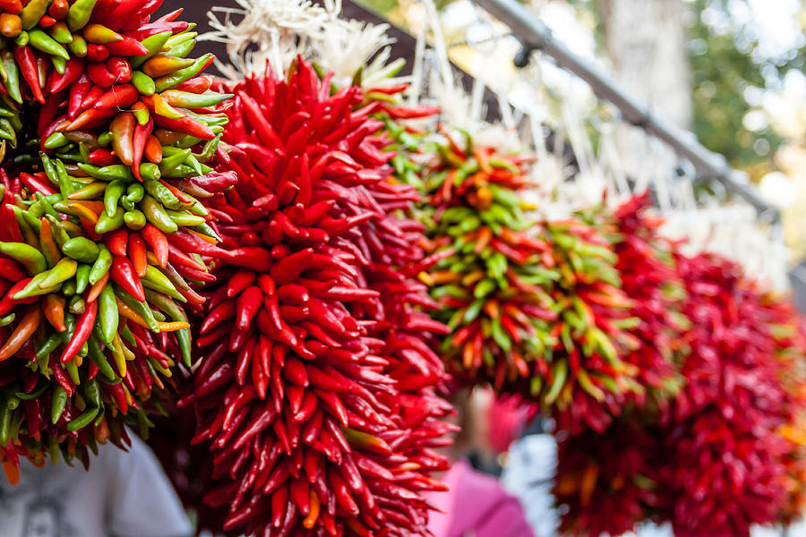 Vegetable Photograph - Hanging Chili Pepper Ristras at Farmers Market by Teri Virbickis