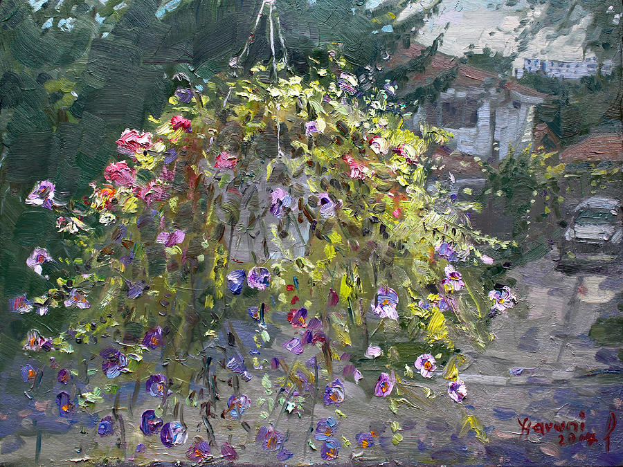 Tree Painting - Hanging Flowers from Balcony by Ylli Haruni