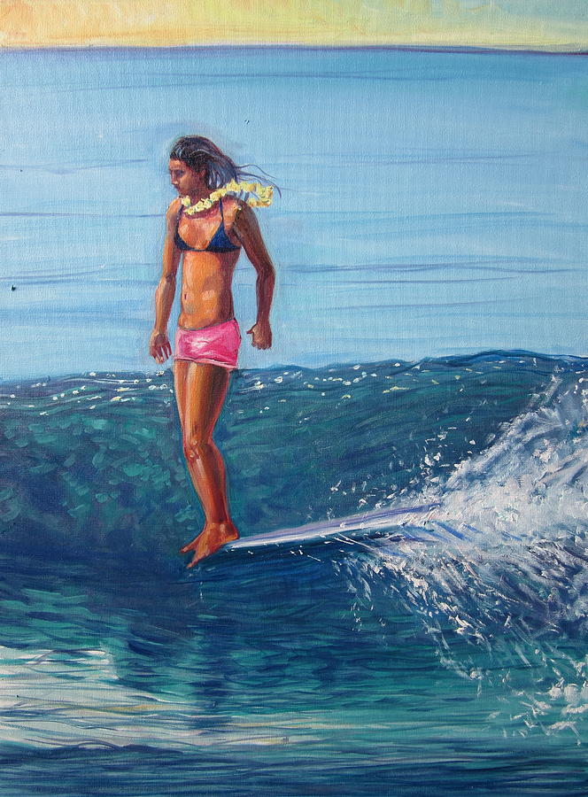 Surfer Girl Painting - Hanging Ten by Michael Knowlton