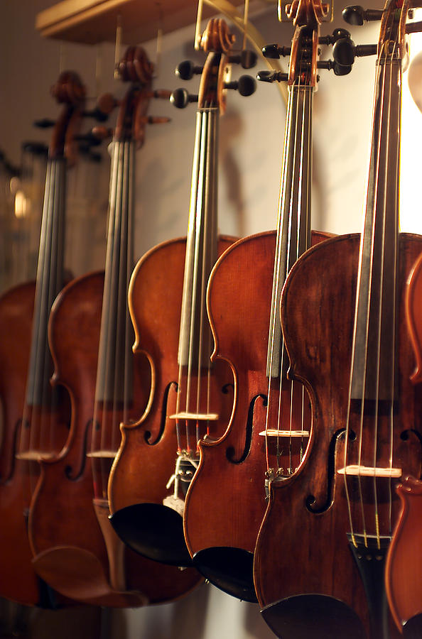 Music Photograph - Hanging Violins by Jon Neidert