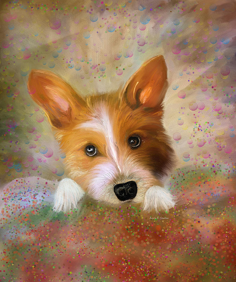 Dog Painting - Hankie a Corgi and Westi Mix Cute Dog by Angela Stanton