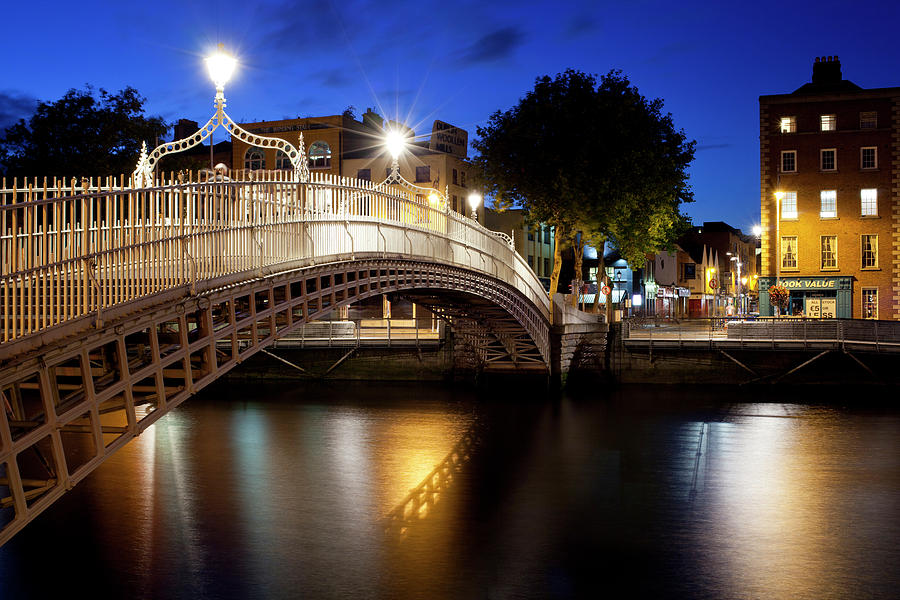 Hapenny Bridge Lit Up At Dusk, Liffey Photograph by Panoramic Images