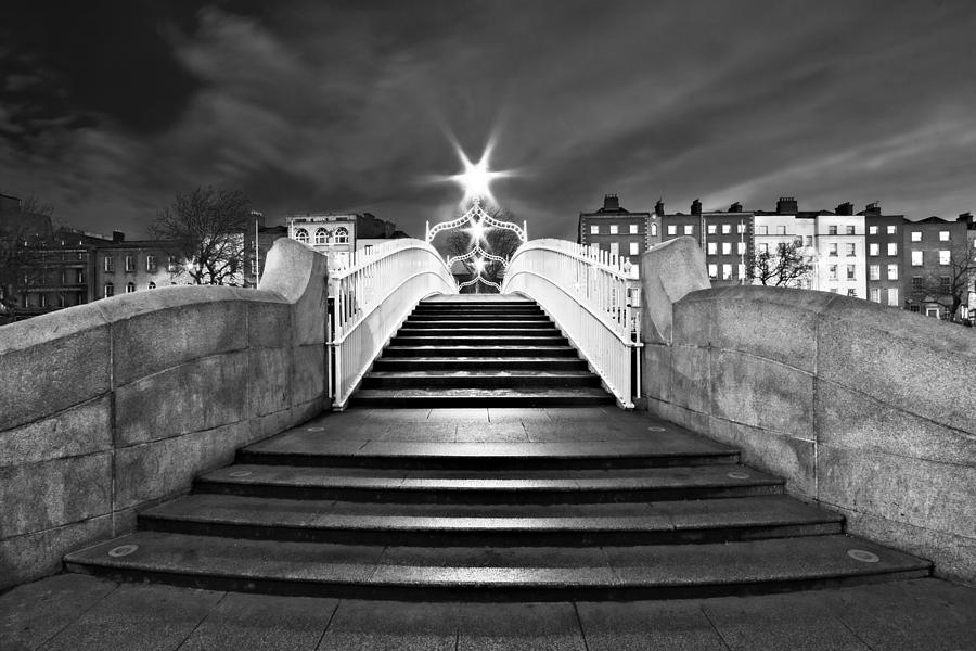 Architecture Photograph - Hapenny Bridge Steps at Night - Dublin - Black and White by Barry O Carroll