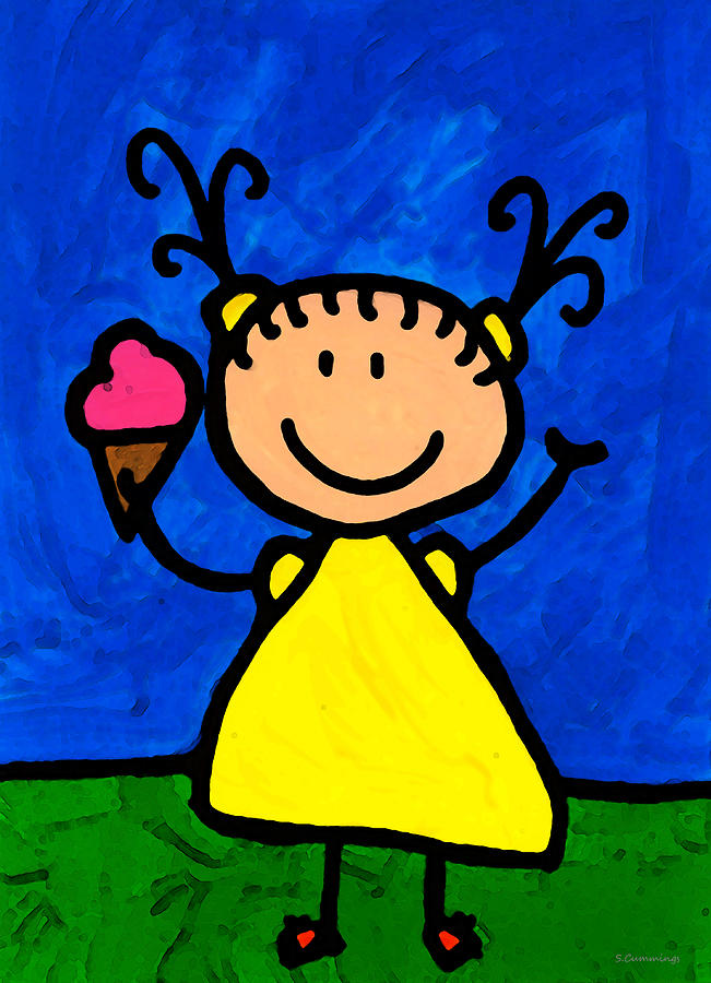 Childlike Painting - Happi Arte 3 - Little Girl Ice Cream Cone Art by Sharon Cummings