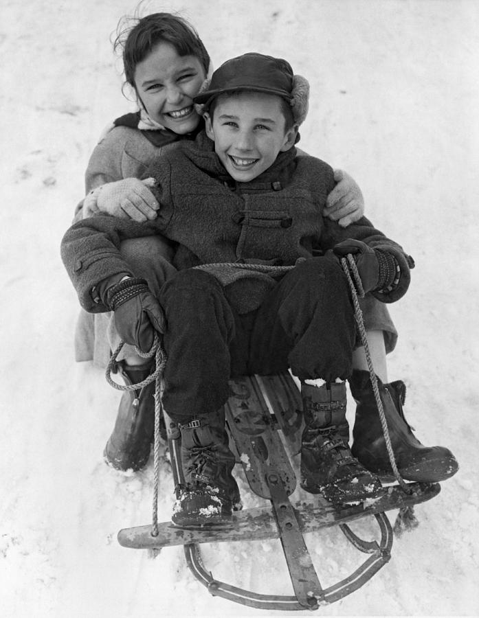 Happy Children On A Sled Photograph by Underwood Archives