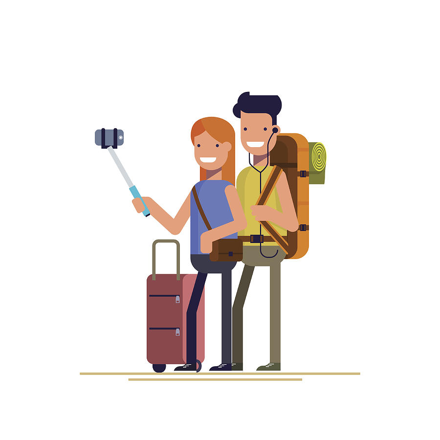 Happy couple doing selfie photo while on vacation. Man and Drawing by Shendart
