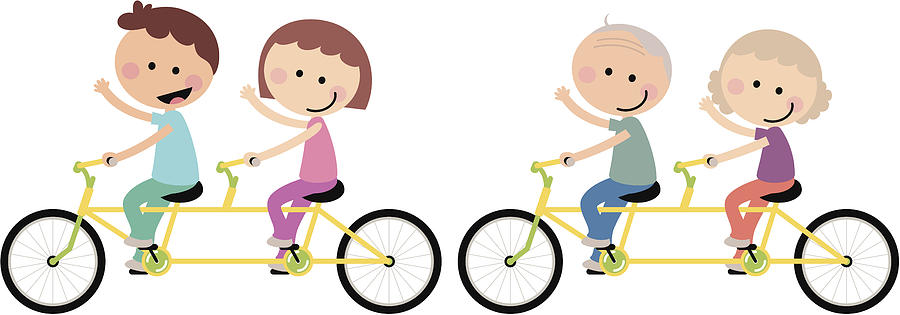Happy Couple Family Cycling Tandem Bicycle Drawing by Alashi