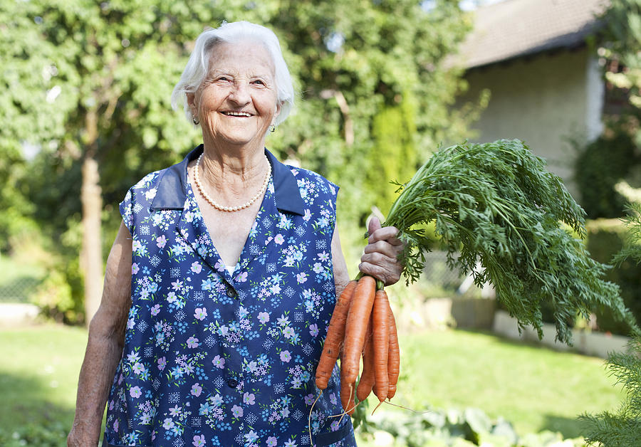 Happy Elderly Lady Holding A Bunch Of Carrots Photograph by Kathrin Ziegler