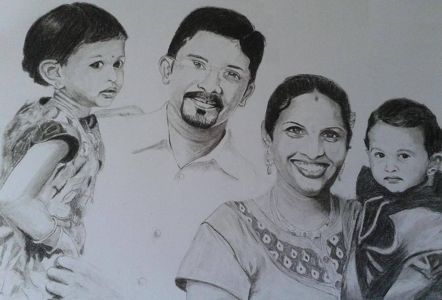 Portrait Drawing - Happy family by Bindu N