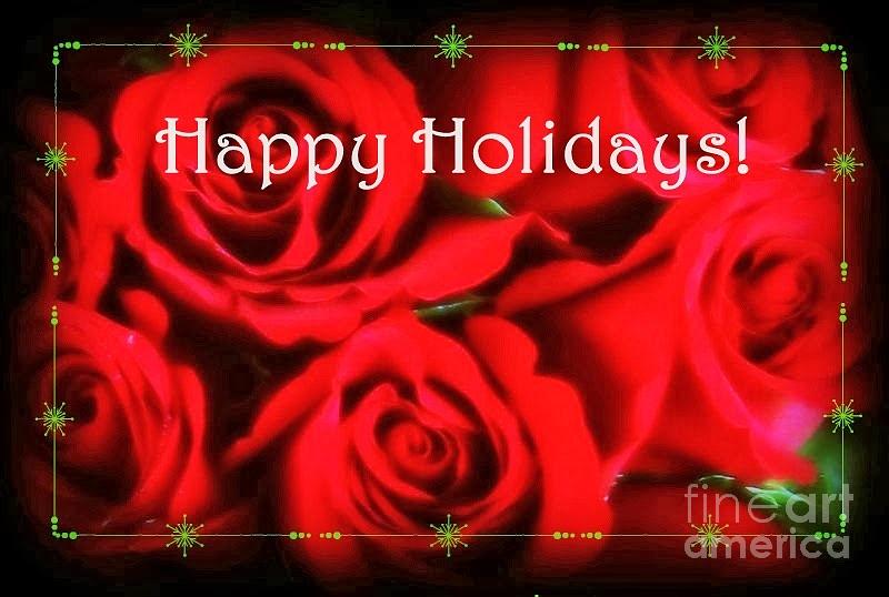 Rose Photograph - Happy Holidays - Red Roses Green Sparkles - Holiday and Christmas Card by Miriam Danar