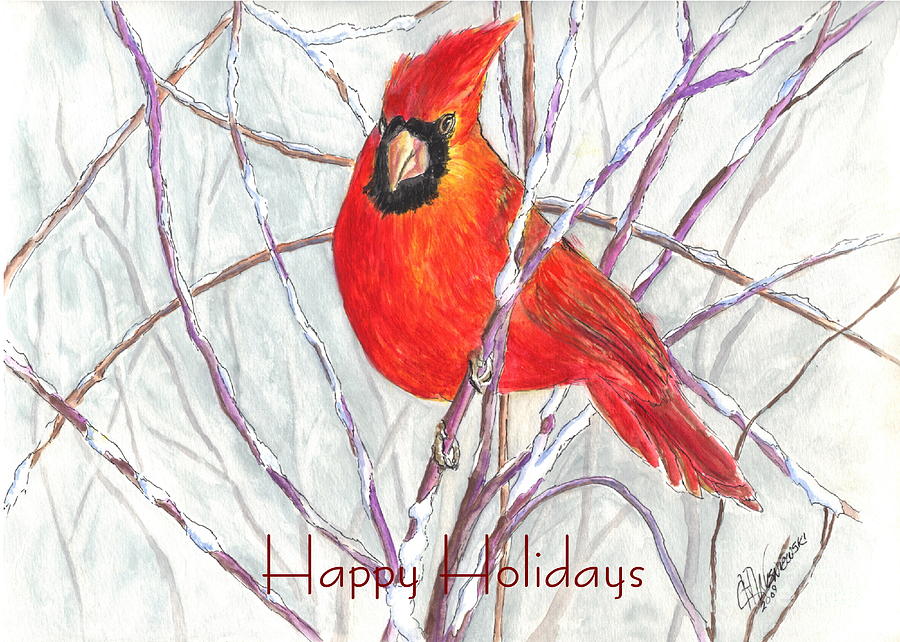 Happy Holidays Snow Cardinal Painting by Carol Wisniewski