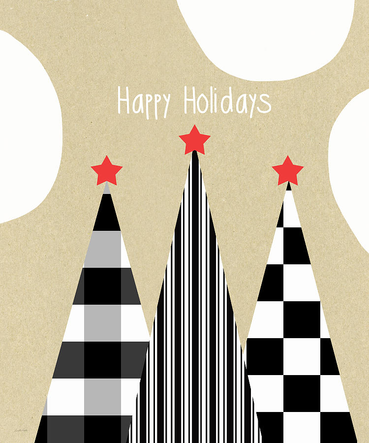 Holiday Mixed Media - Happy Holidays with Black and White Trees by Linda Woods