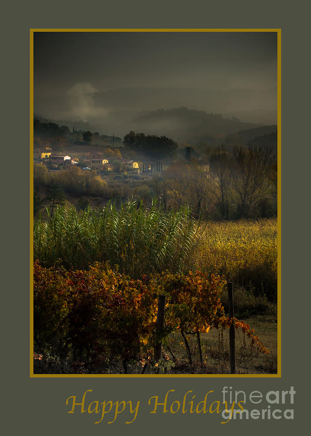 Holiday Photograph - Happy Holidays with Foggy Tuscan Valley by Prints of Italy