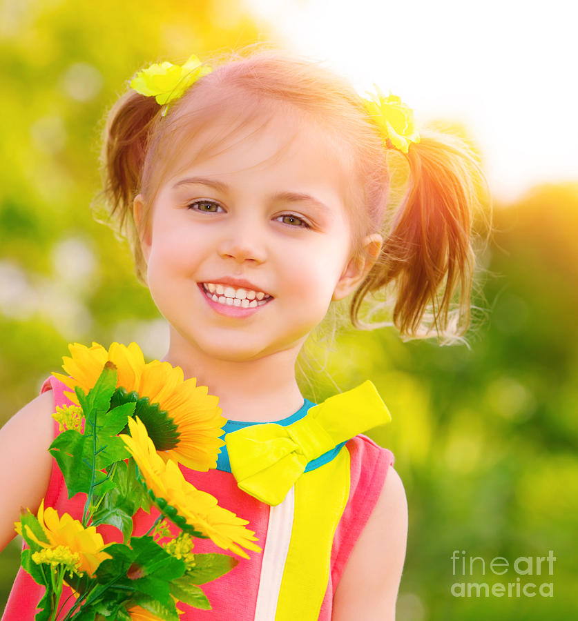 Happy little girl with sunflowers Photograph by Anna Om - Fine Art America