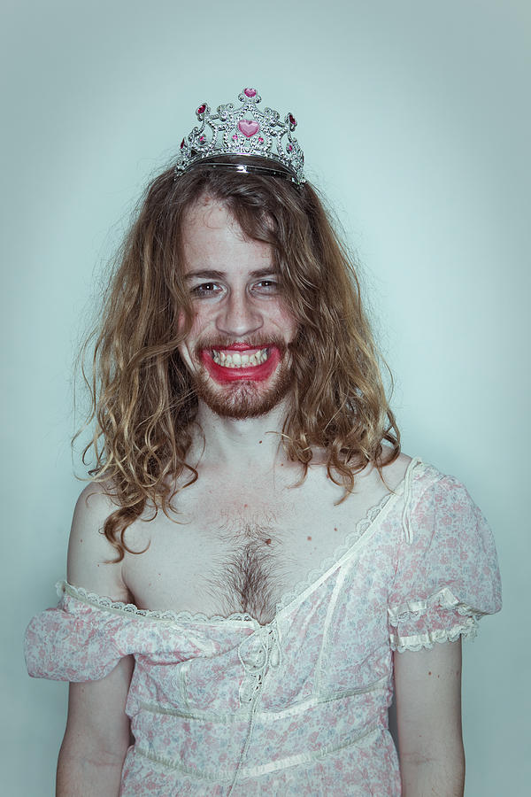 Happy Male Prom queen in drag tiara on head lipstick Photograph by Sjharmon